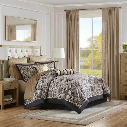 12 Piece Comforter Set With Cotton Bed Sheets Black Queen - Black - 5