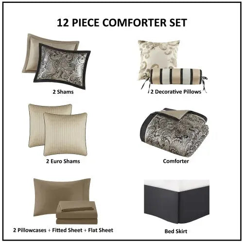 12 Piece Comforter Set With Cotton Bed Sheets Black Queen - Black - 5