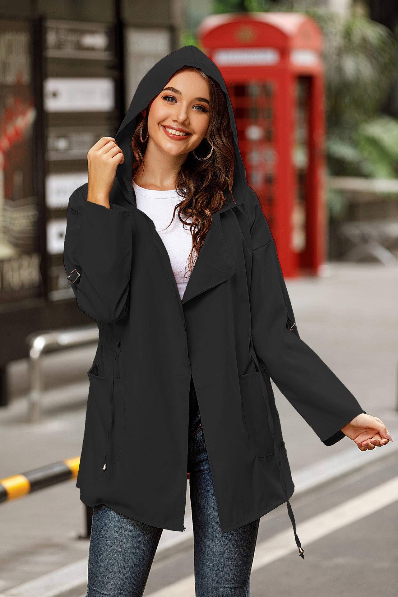 Solid color mid-length hooded trench coat