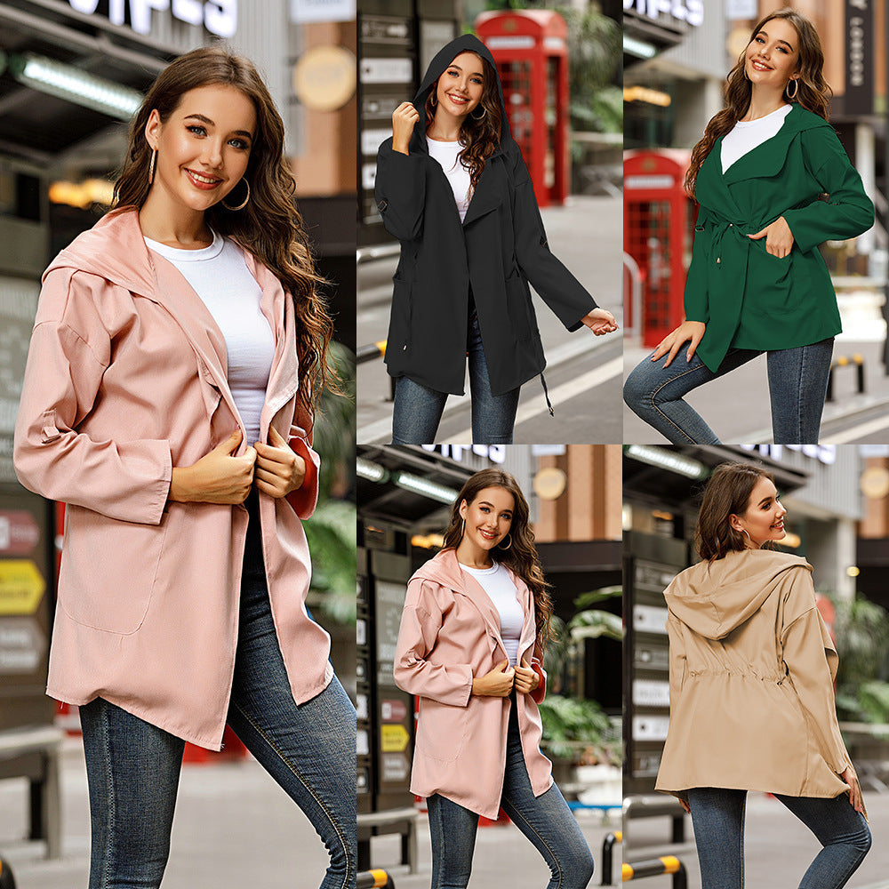 Solid color mid-length hooded trench coat