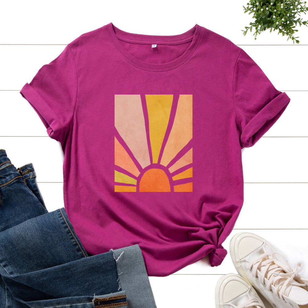 Graphic Tee for Women Cotton Print T Shirts Short Sleeve Crew Neck Summer Tops Female Clothes Splendid Sun Scenery Flower Top
