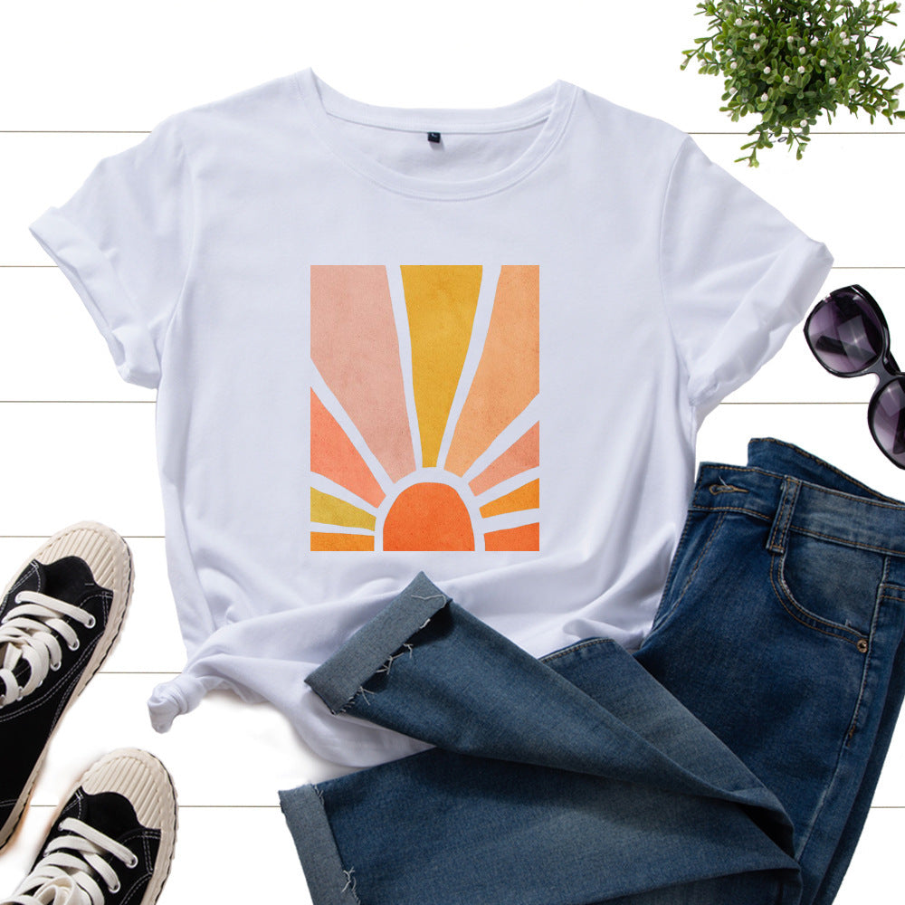 Graphic Tee for Women Cotton Print T Shirts Short Sleeve Crew Neck Summer Tops Female Clothes Splendid Sun Scenery Flower Top