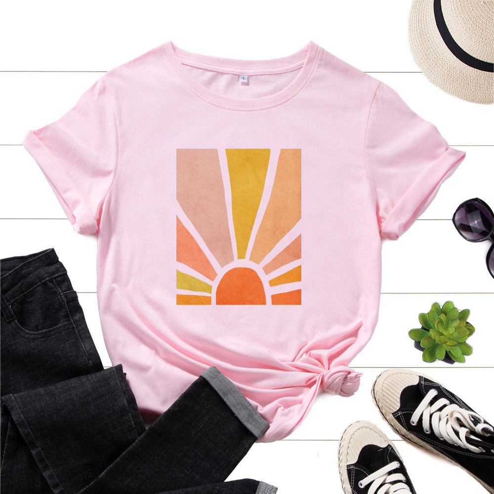 Graphic Tee for Women Cotton Print T Shirts Short Sleeve Crew Neck Summer Tops Female Clothes Splendid Sun Scenery Flower Top