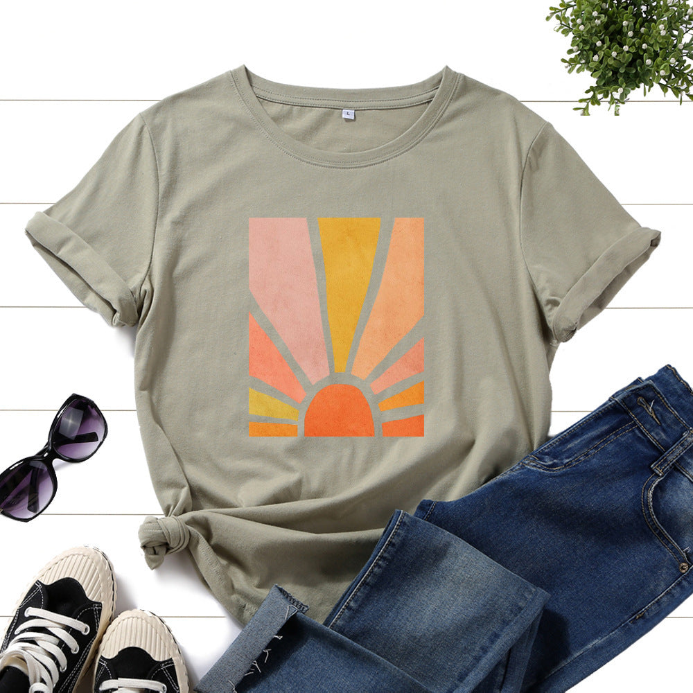 Graphic Tee for Women Cotton Print T Shirts Short Sleeve Crew Neck Summer Tops Female Clothes Splendid Sun Scenery Flower Top