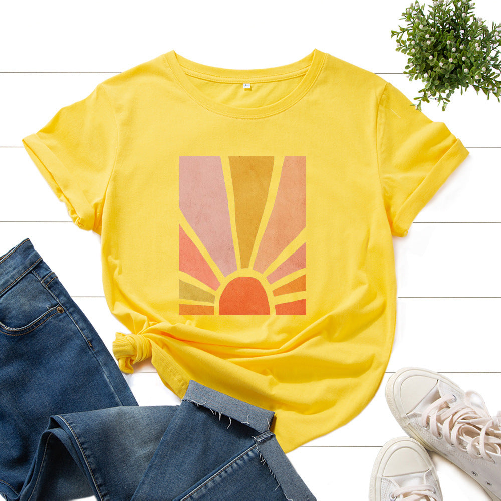 Graphic Tee for Women Cotton Print T Shirts Short Sleeve Crew Neck Summer Tops Female Clothes Splendid Sun Scenery Flower Top