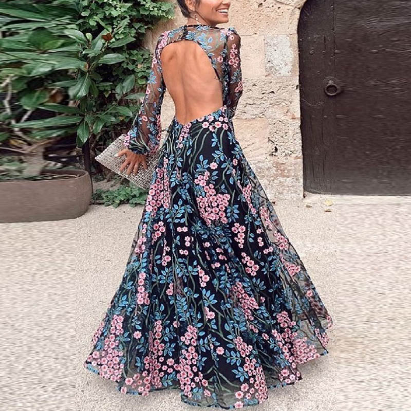 European And American New Foreign Trade Women'S Wish Amazon Sexy Backless Slim Fashion Printed Mid-Waist Dress