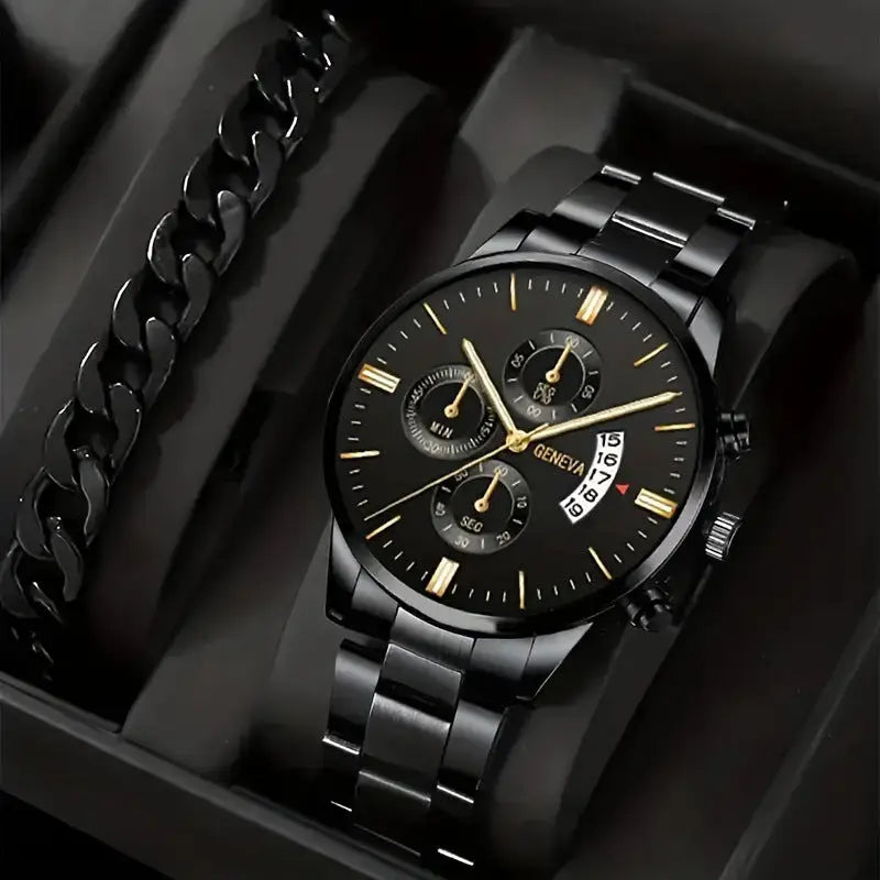 2pcs Men’s New Popular Steel Strip Fashion Business Three Eye Quartz Watch Bracelet Set Valentine’s Day Gifts