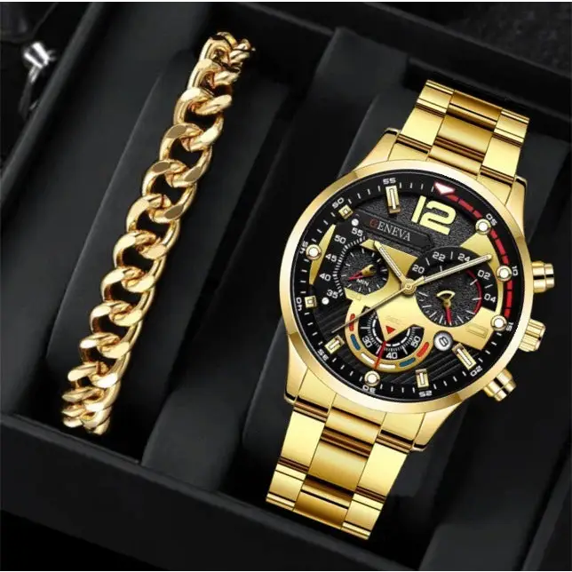 2pcs Men’s New Popular Steel Strip Fashion Business Three Eye Quartz Watch Bracelet Set Valentine’s Day Gifts