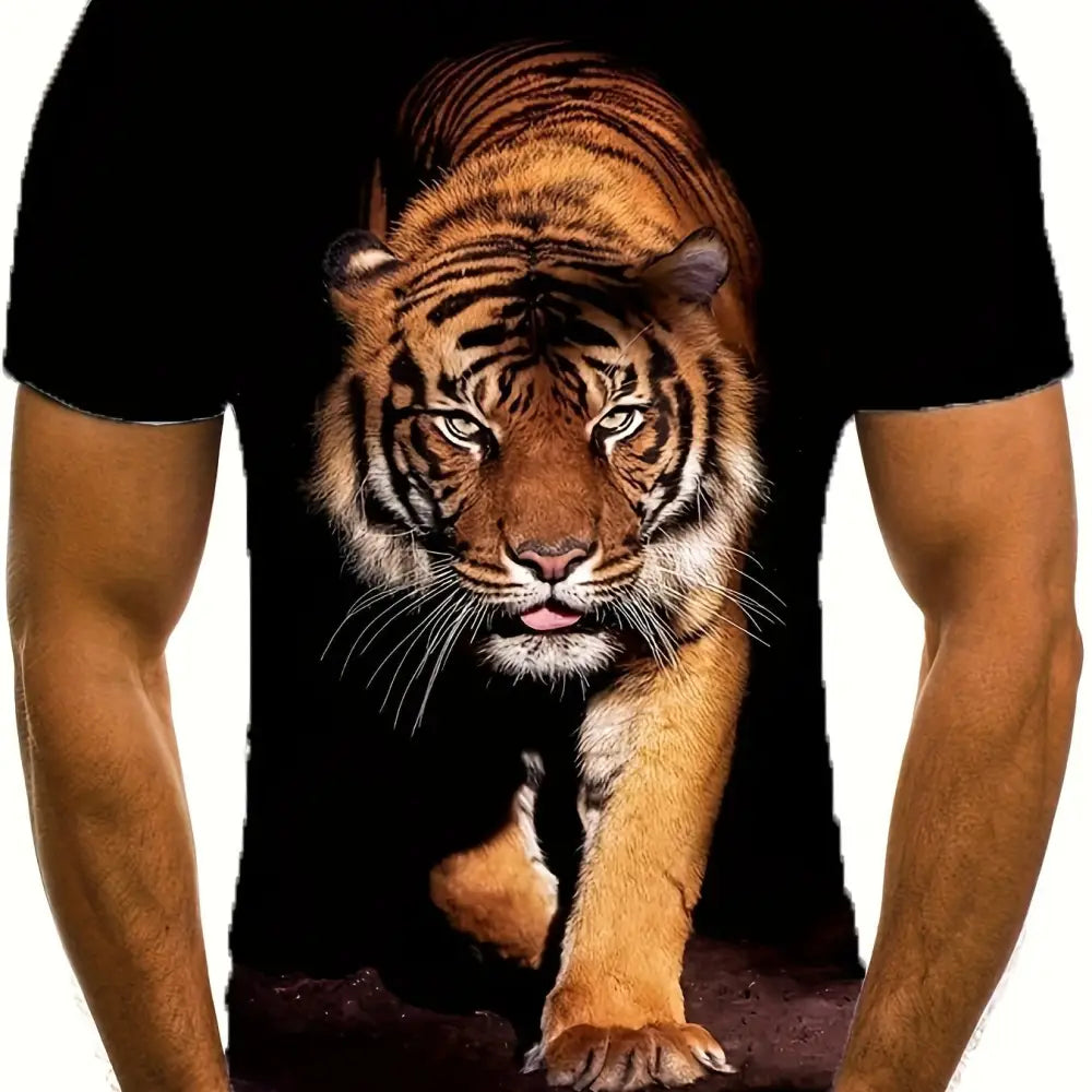 3D Tiger Printed Men’s Fashionable Short Sleeved Round Neck T-shirt Summer Outdoor - Black / S - 5