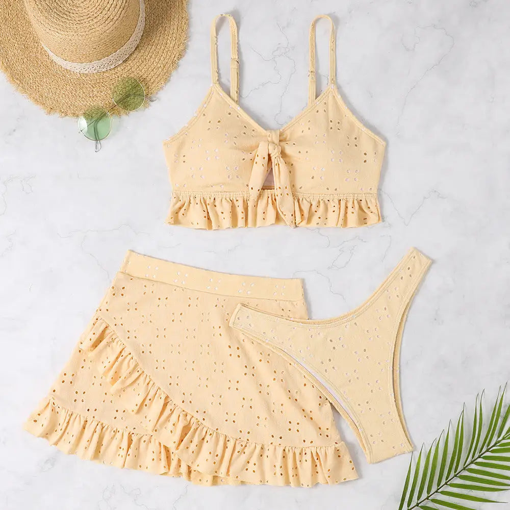 3pcs Beach Bikini With Hip-hugging Skirt Fashion Ruffle Design Swimsuit Set Summer Womens Clothing - Beyond Trends Hub