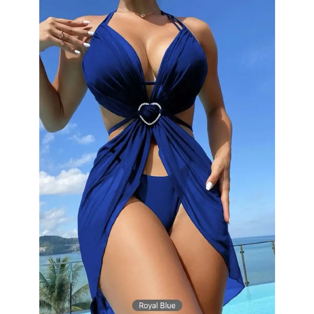 3pcs Halter Neck Bikini Beach Summer Solid Color Split Swimsuit Womens Clothing - Beyond Trends Hub