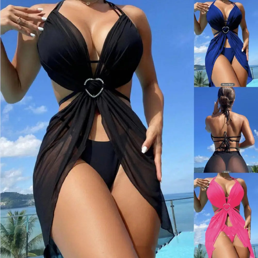 3pcs Halter Neck Bikini Beach Summer Solid Color Split Swimsuit Womens Clothing - Beyond Trends Hub