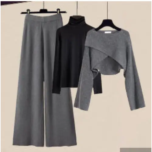 3pcs Knitted Sweater Suit With Shirt And Wide Leg Pants Autumn And Winter Suit Women - Grey Black Set / 2XL