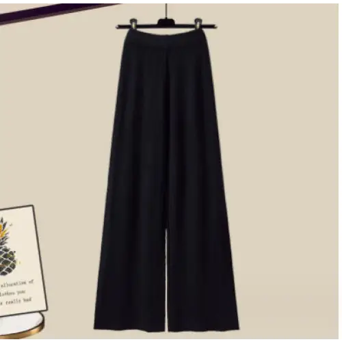 3pcs Knitted Sweater Suit With Shirt And Wide Leg Pants Autumn And Winter Suit Women - Blackpants / 2XL