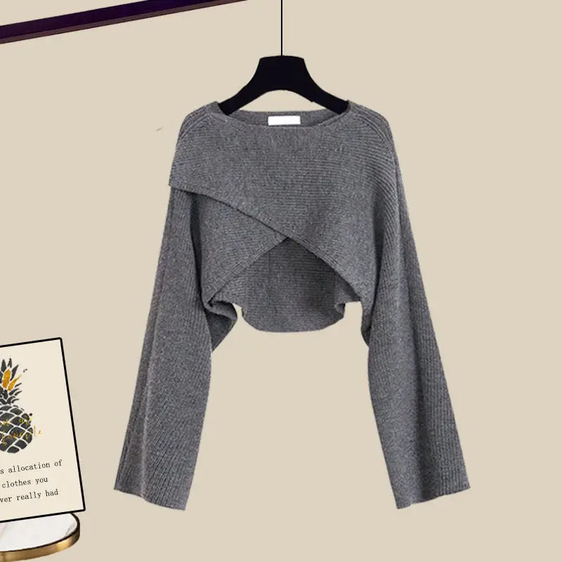 3pcs Knitted Sweater Suit With Shirt And Wide Leg Pants Autumn And Winter Suit Women - Grey / 2XL