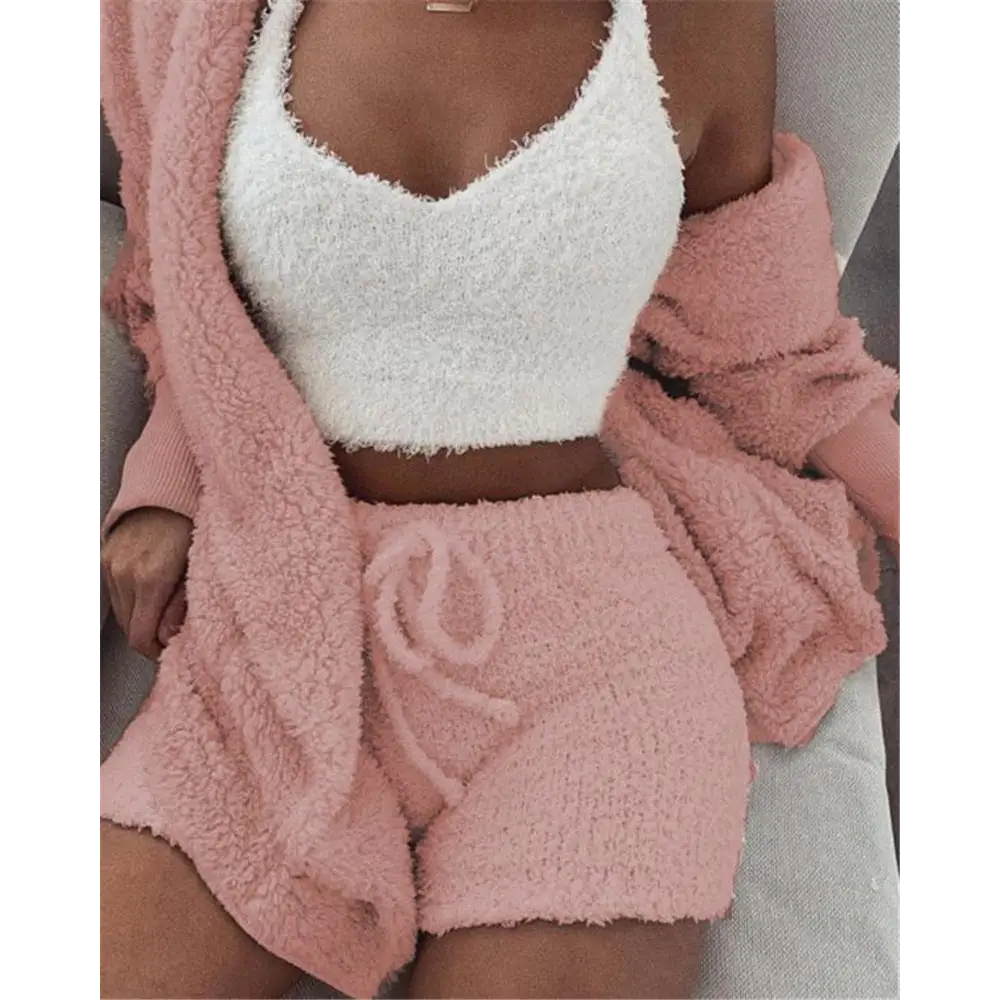 3pcs Womens Clothing Long Sleeve Crop Tank Top And Drawstring Shorts Pajama Set Beyond Trends Hub