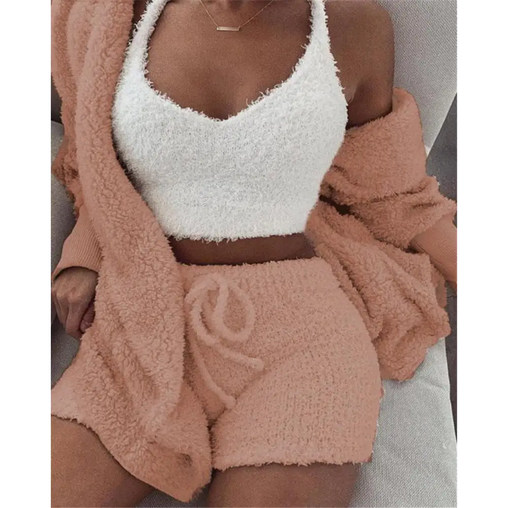 3pcs Womens Clothing Long Sleeve Crop Tank Top And Drawstring Shorts Pajama Set Beyond Trends Hub