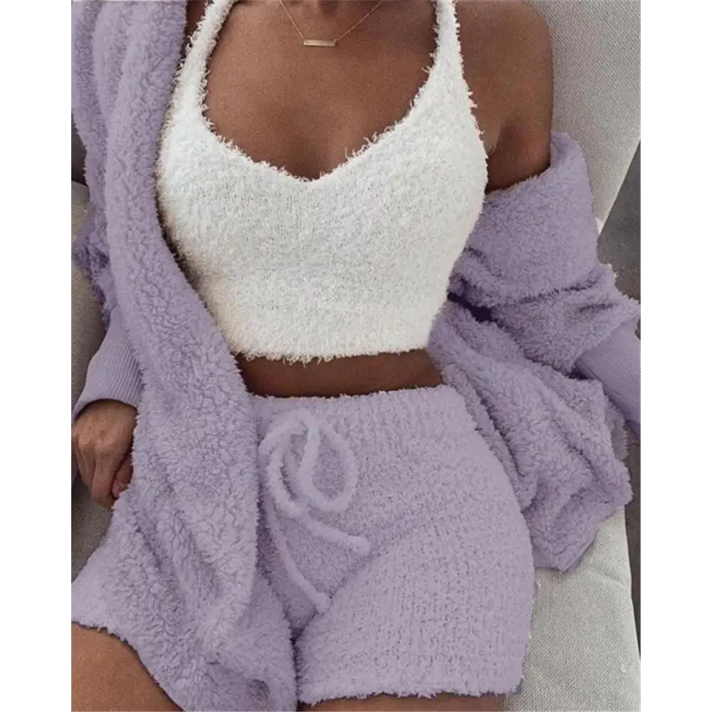 3pcs Womens Clothing Long Sleeve Crop Tank Top And Drawstring Shorts Pajama Set Beyond Trends Hub