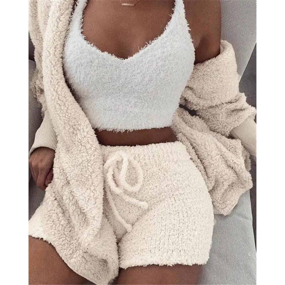 3pcs Womens Clothing Long Sleeve Crop Tank Top And Drawstring Shorts Pajama Set Beyond Trends Hub