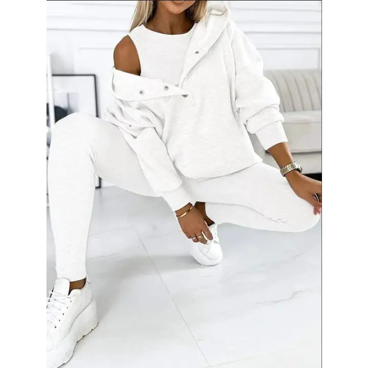 3pcs Women’s Sports Suit Loose Hooded Pockets Sweatshirt And Vest And Slim Trousers - White / 2XL