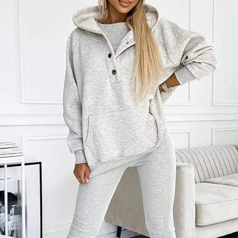 3pcs Women’s Sports Suit Loose Hooded Pockets Sweatshirt And Vest And Slim Trousers