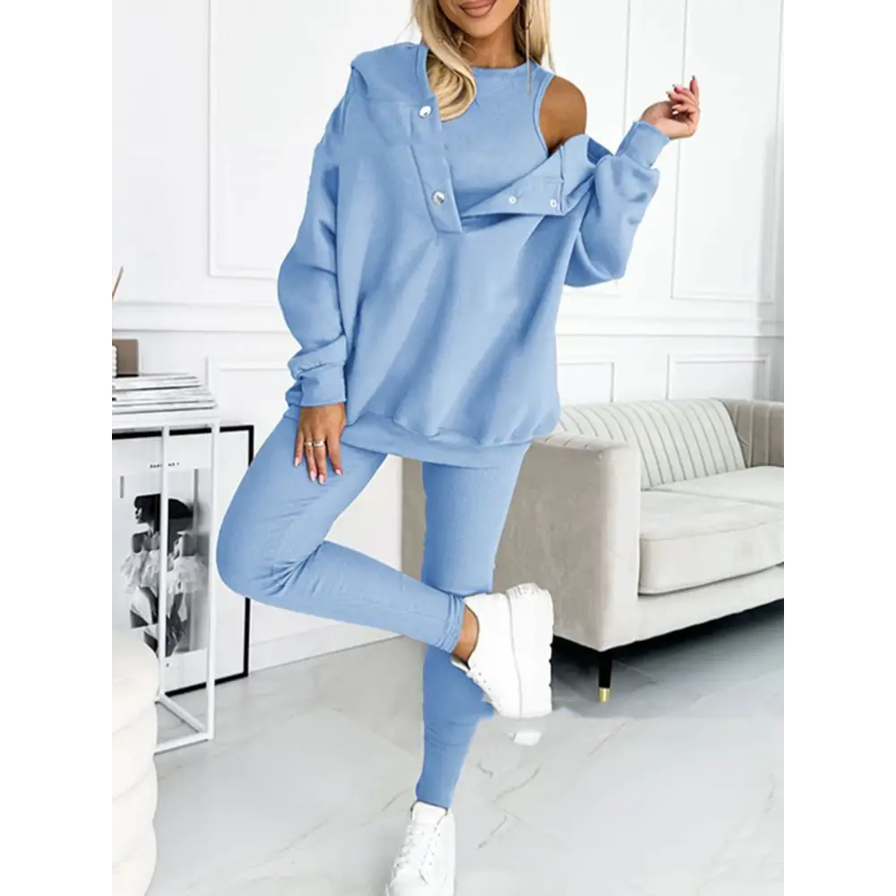 3pcs Women’s Sports Suit Loose Hooded Pockets Sweatshirt And Vest And Slim Trousers - Light Blue / S