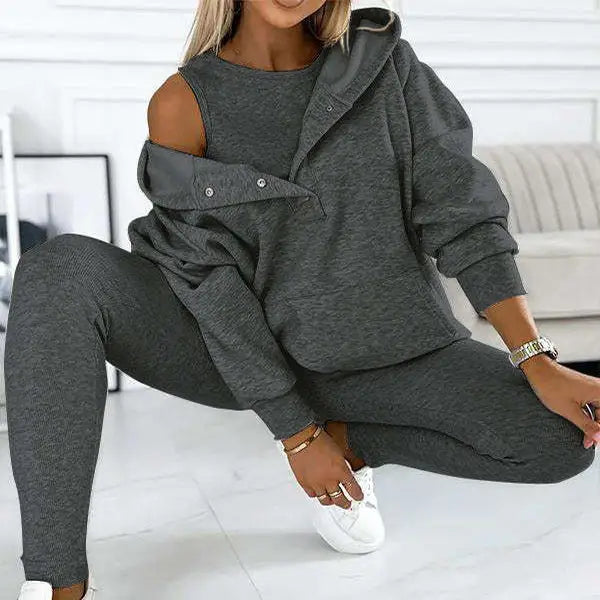3pcs Women’s Sports Suit Loose Hooded Pockets Sweatshirt And Vest And Slim Trousers