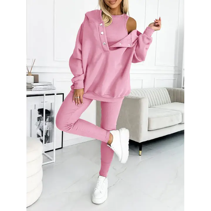 3pcs Women’s Sports Suit Loose Hooded Pockets Sweatshirt And Vest And Slim Trousers - Pink / 2XL