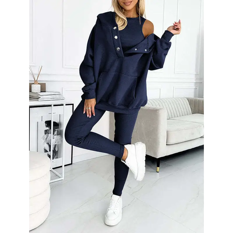 3pcs Women’s Sports Suit Loose Hooded Pockets Sweatshirt And Vest And Slim Trousers - Blue / S