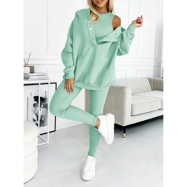 3pcs Women’s Sports Suit Loose Hooded Pockets Sweatshirt And Vest And Slim Trousers - Green / 2XL