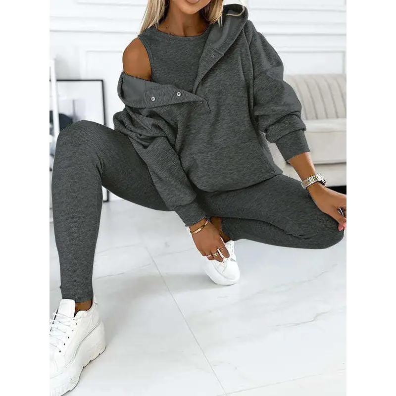 3pcs Women’s Sports Suit Loose Hooded Pockets Sweatshirt And Vest And Slim Trousers - Dark Grey / S