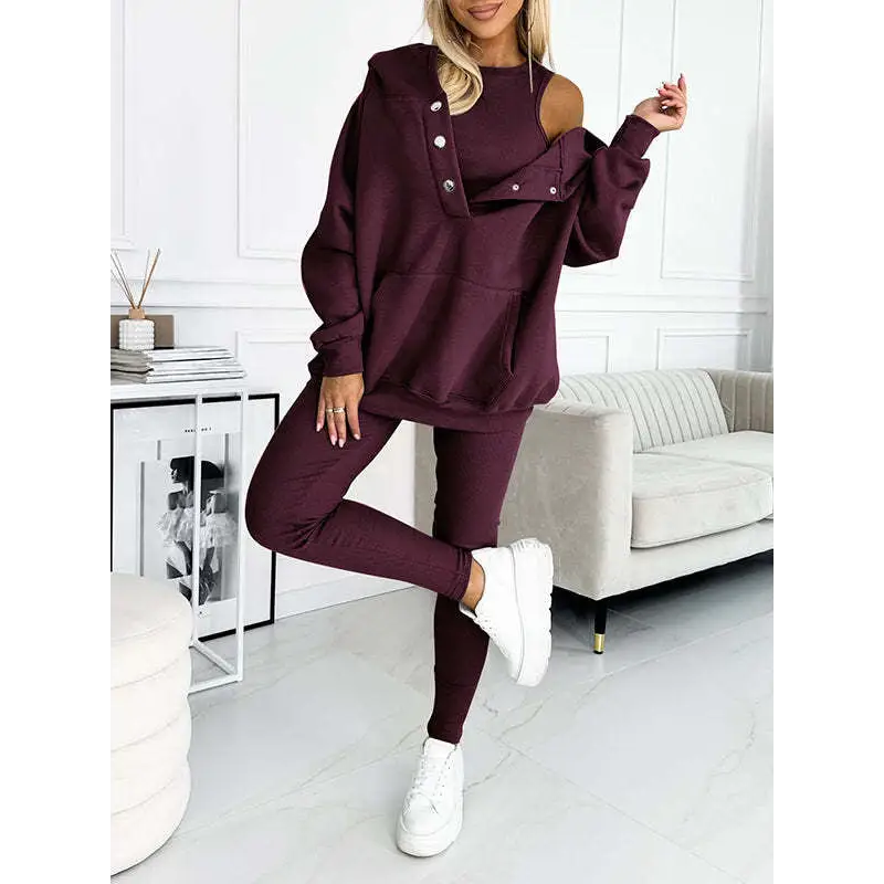 3pcs Women’s Sports Suit Loose Hooded Pockets Sweatshirt And Vest And Slim Trousers - Deep purple / S