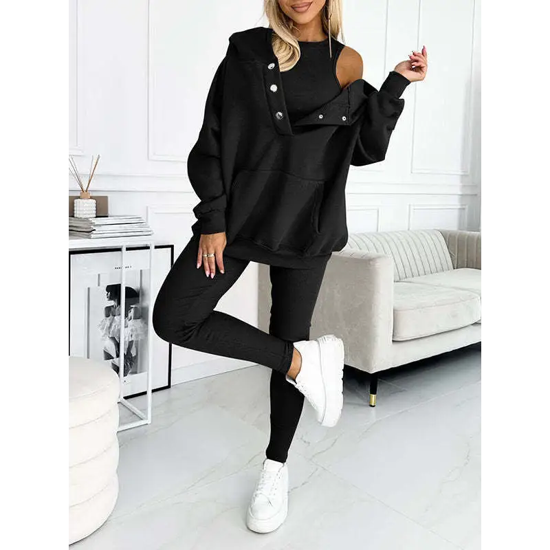 3pcs Women’s Sports Suit Loose Hooded Pockets Sweatshirt And Vest And Slim Trousers - Black / S