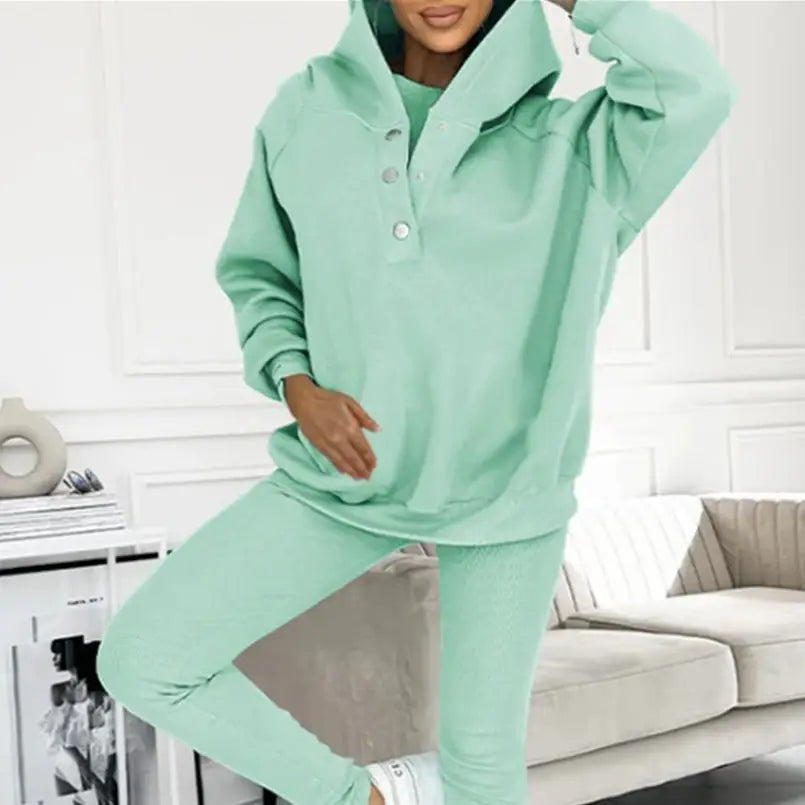 3pcs Women’s Sports Suit Loose Hooded Pockets Sweatshirt And Vest And Slim Trousers