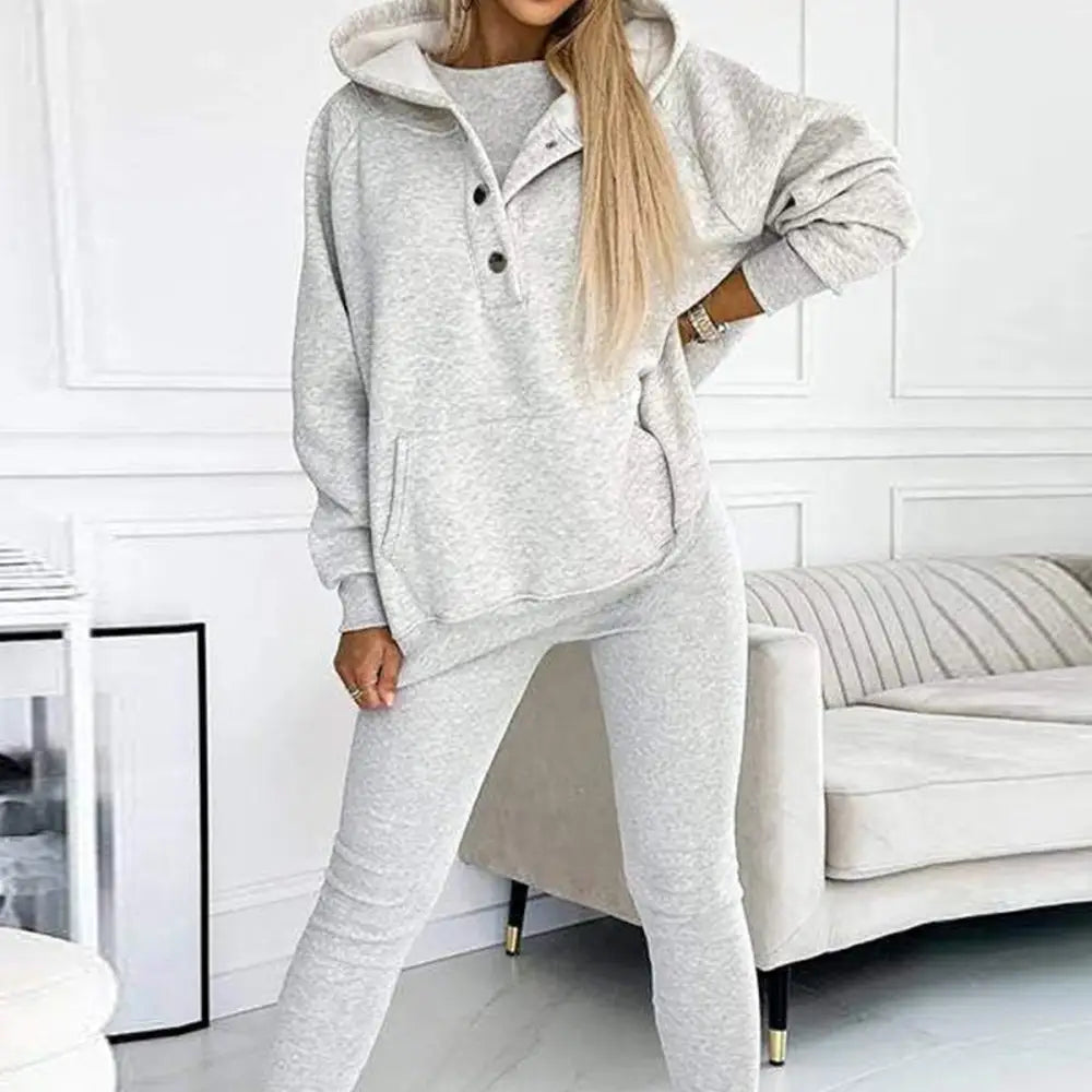 3pcs Women’s Sports Suit Loose Hooded Pockets Sweatshirt And Vest And Slim Trousers - Grey / 2XL