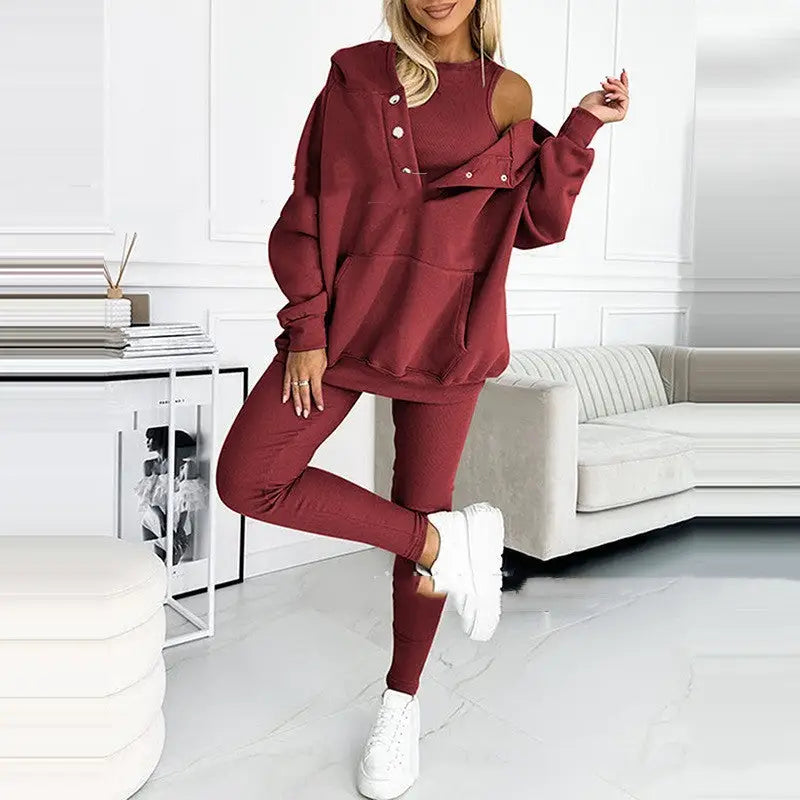3pcs Women’s Sports Suit Loose Hooded Pockets Sweatshirt And Vest And Slim Trousers - Wine Red / S
