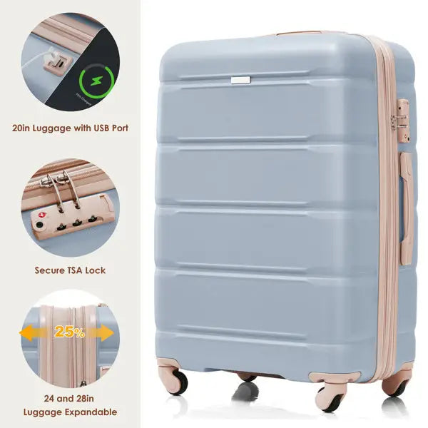 4-piece Luggage Set 20 Inches With USB Port Expandable ABS Durable Suitcase With Travel Bag Cup Holder ABS Hard Shell