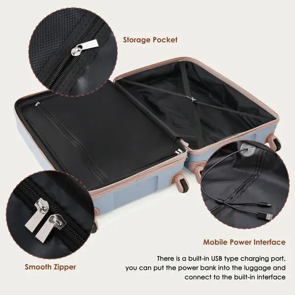4-piece Luggage Set 20 Inches With USB Port Expandable ABS Durable Suitcase With Travel Bag Cup Holder ABS Hard Shell