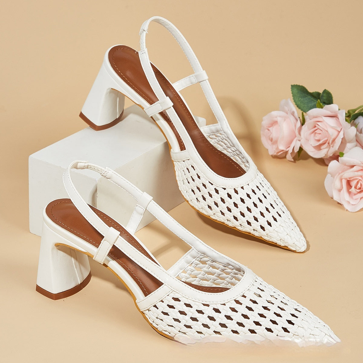 White Pointed-toe, Closed-toe Woven Mesh Sandals