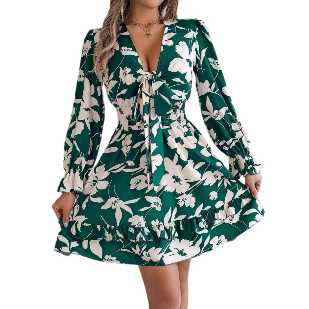 Women's Casual Flower Half Sleeve Ruffled A-line Dress