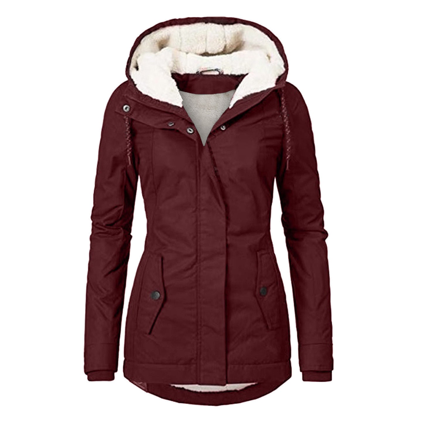 Winter Hooded Jacket Solid Color Warm Buckle Zip-up Fleece Jacket With Pockets Women's Casual Jacket