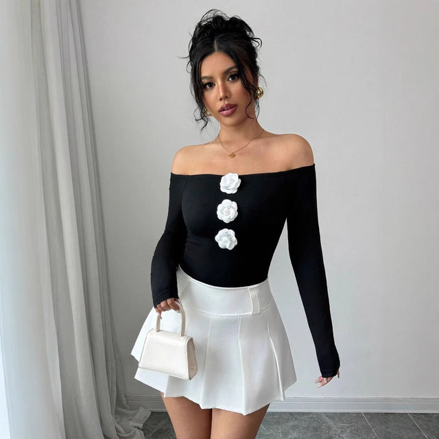 3D Floral Off-the-shoulder Off-neck Slim-fit Long-sleeved T-shirt