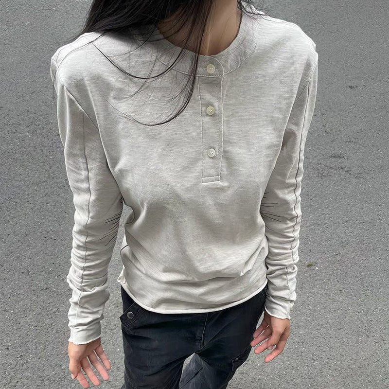 Cotton Henry Collar Embroidered Light Luxury Long-sleeved T-shirt Men And Women Same Style Top