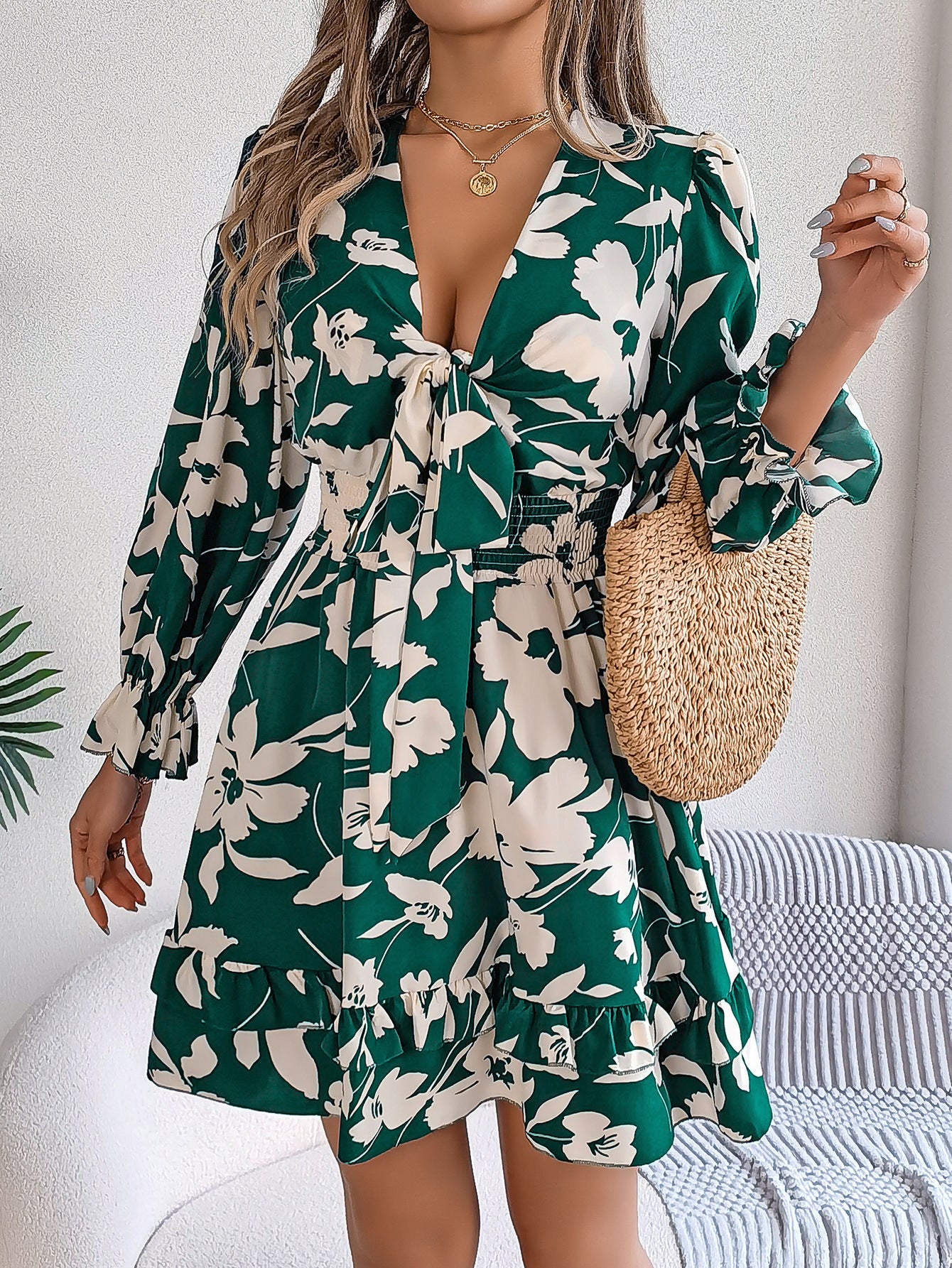 Women's Casual Flower Half Sleeve Ruffled A-line Dress