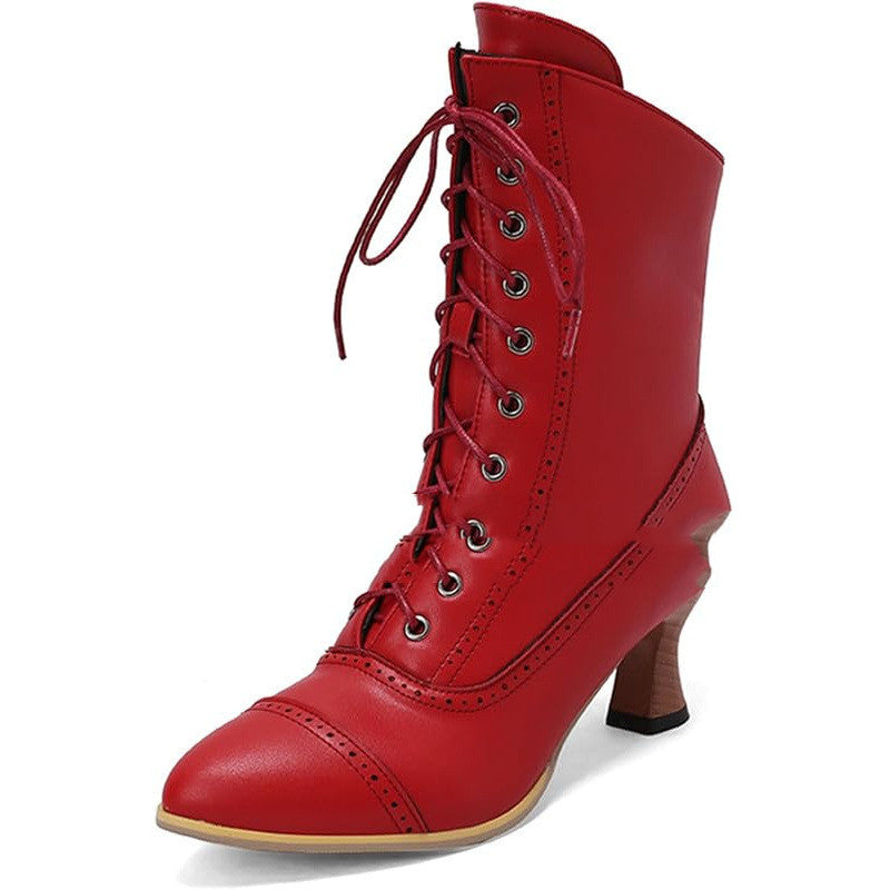 Womens Vintage Granny Renaissance-style Ankle Boots Low-heeled Lace-up Booties With Zippers