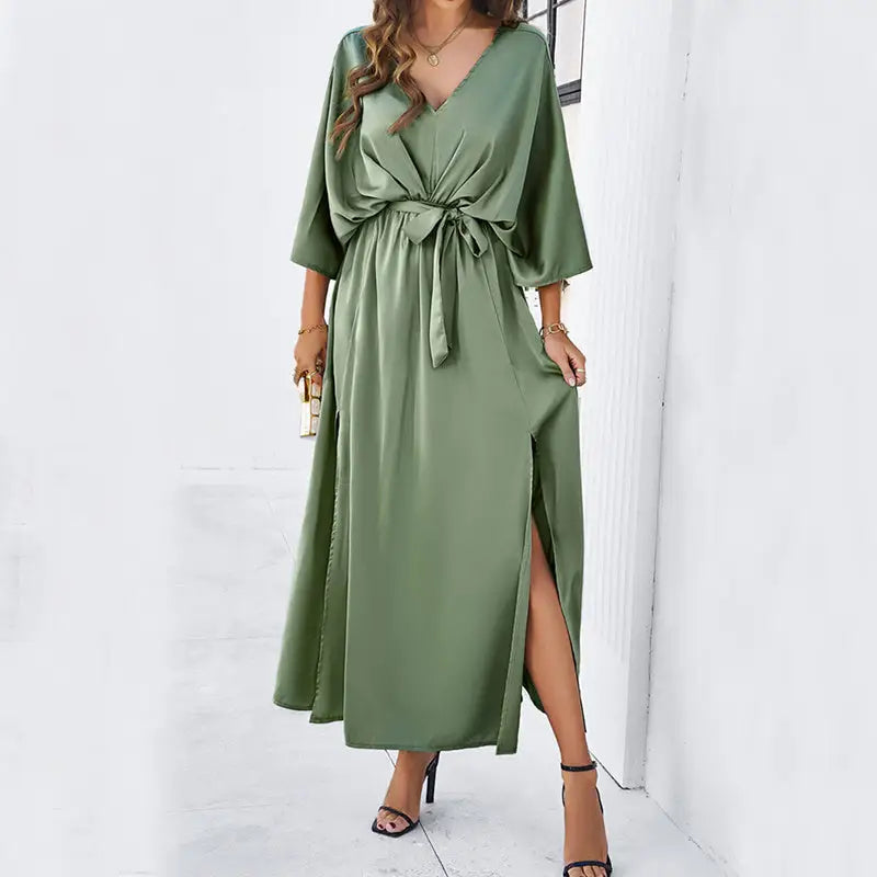 Fashion Bat Sleeve Long-sleeved V-neck Dress With Split Design Temperament Loose High Waist Lace-up Long Dresses Women