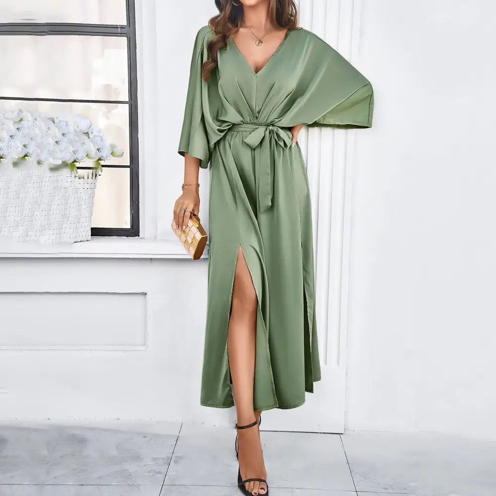 Fashion Bat Sleeve Long-sleeved V-neck Dress With Split Design Temperament Loose High Waist Lace-up Long Dresses Women