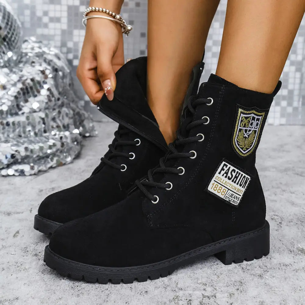 Fashion Lace-up Chunky Heels Boots Winter Round Toe Shoes For Women - Black / Size36 - 4