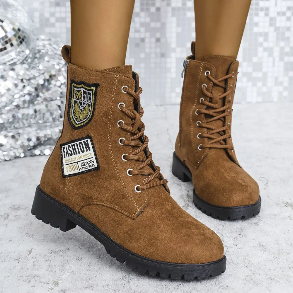 Fashion Lace-up Chunky Heels Boots Winter Round Toe Shoes For Women - Brown / Size36 - 4