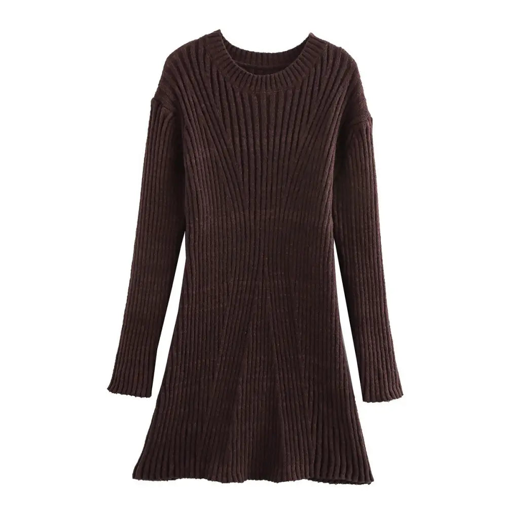 Fashion Solid Ribbed Knitted Dress Fall And Winter Slim-fit Stand-up Collar A-line Dresses Women’s Clothing - Coffee